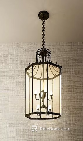 Vintage Metal Cage Chandelier With Glass Shade Hanging Chain And Textured Wall 3d model 