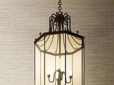 Vintage Metal Cage Chandelier With Glass Shade Hanging Chain And Textured Wall 3d model