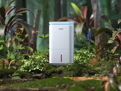 White Daily Use Dehumidifier In Natural Surroundings With Green Plants 3d model