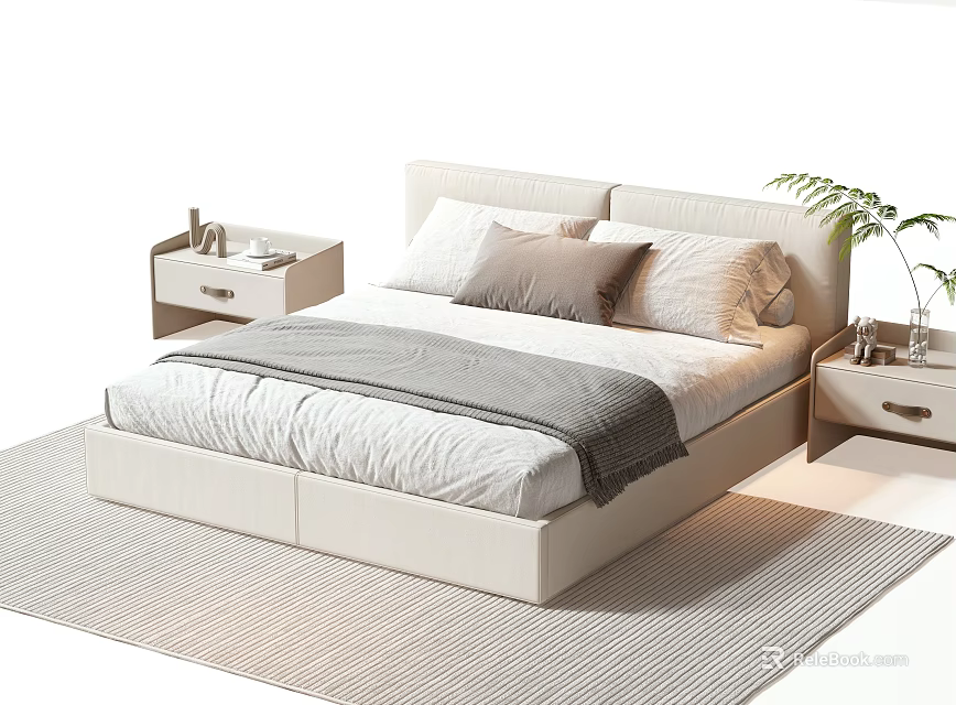 Modern Double Bed With Beige Upholstered Headboard White Sheets Gray Blanket Nightstands And Green Plant 3d model 