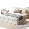 Modern Double Bed With Beige Upholstered Headboard White Sheets Gray Blanket Nightstands And Green Plant