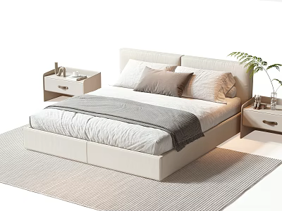 Modern Double Bed With Beige Upholstered Headboard White Sheets Gray Blanket Nightstands And Green Plant 3d model