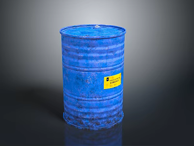Durable Blue Metal Household Barrel With Yellow Label And Rustic Surface 3d model