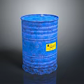 Durable Blue Metal Household Barrel With Yellow Label And Rustic Surface