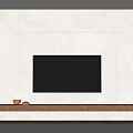 Minimalist White TV Wall Design With Mounted TV And Wooden Shelf