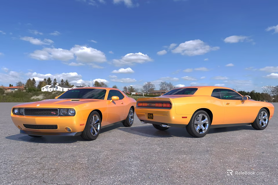 Two Yellow Sports Cars Parked Outdoors Under Blue Sky With White Clouds 3d model 