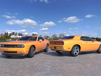 Two Yellow Sports Cars Parked Outdoors Under Blue Sky With White Clouds 3d model