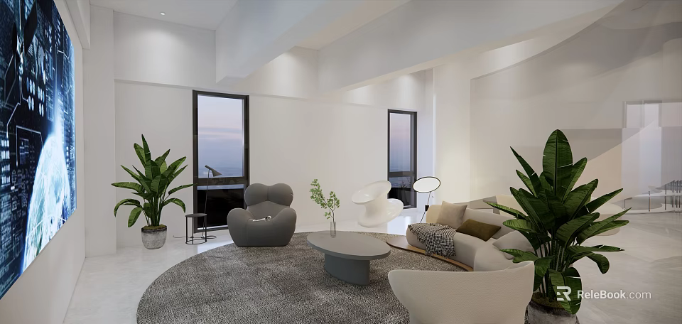 Modern Lounge Area Interior With Comfortable Sofa Armchairs Round Rug And Green Plants 3d model 