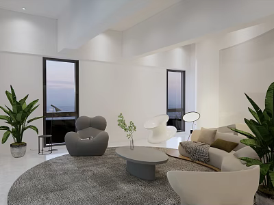 Modern Lounge Area Interior With Comfortable Sofa Armchairs Round Rug And Green Plants 3d model