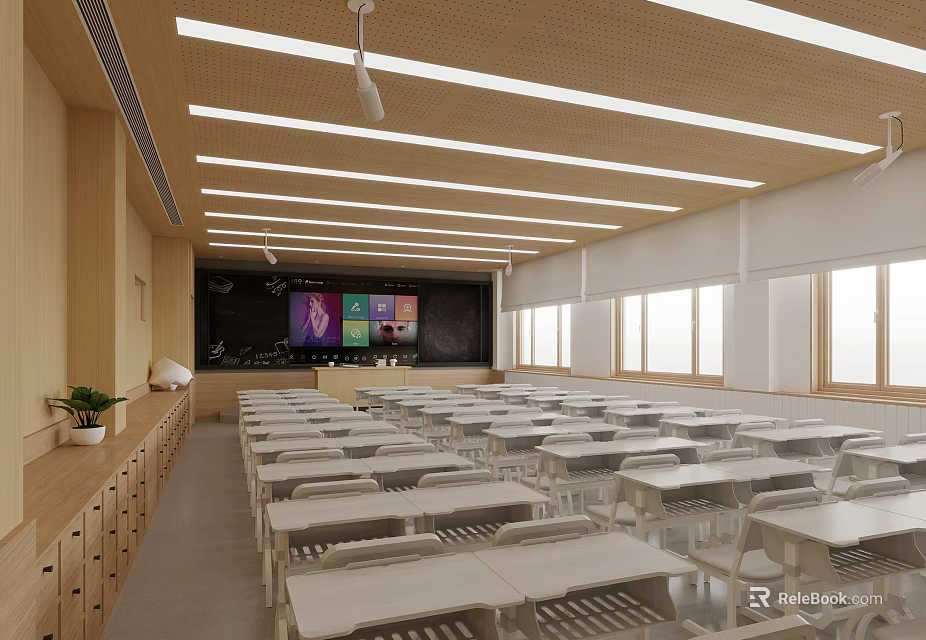 Modern School Classroom Interior With Desks Chairs Blackboard And Windows 3d model