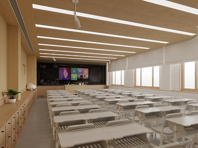 Modern School Classroom Interior With Desks Chairs Blackboard And Windows 3d model