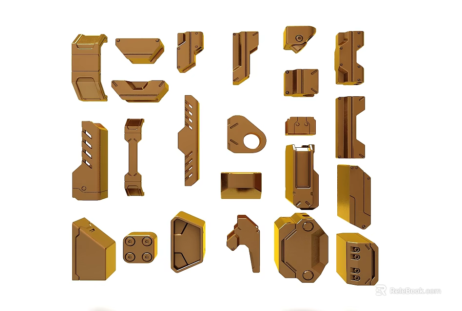 Golden Mechanical Components With Various Shapes And Detailed Structures 3d model 