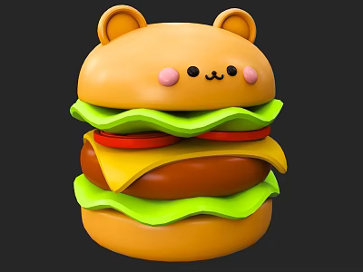 Cute Bear Shaped Hamburger With Green Lettuce Red Tomato Yellow Cheese And Brown Patty 3d model