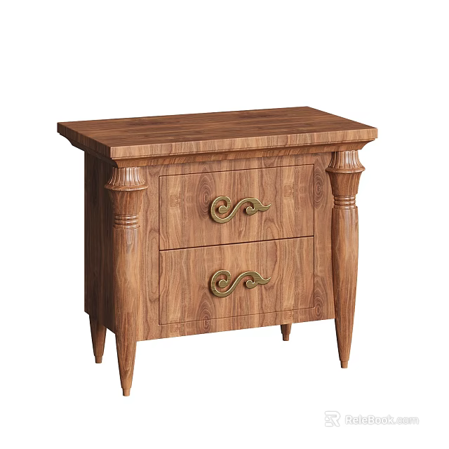 Traditional Wooden Bedside Table With Two Drawers Gold Curved Handles And Decorative Legs 3d model 