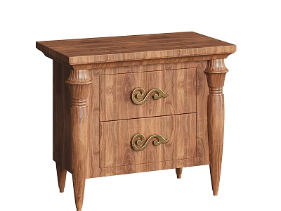 Traditional Wooden Bedside Table With Two Drawers Gold Curved Handles And Decorative Legs 3d model