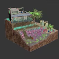 Cartoon Scene With Small House On Cliff Balcony Palm Trees Water Area And Small Boat