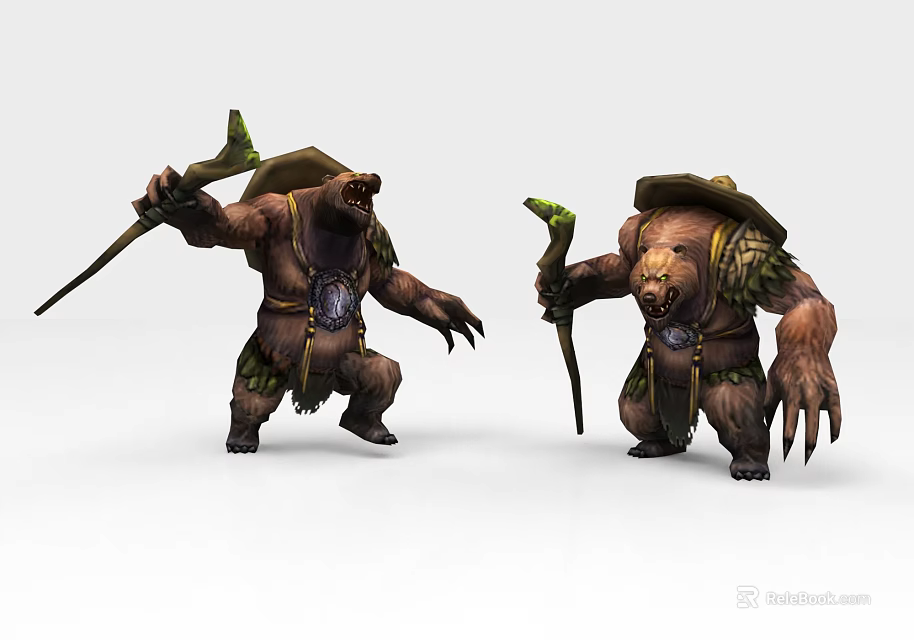 Fantasy Style Game Movie Bear Characters Wearing Hats Holding Spear And Staff 3d model 