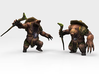 Fantasy Style Game Movie Bear Characters Wearing Hats Holding Spear And Staff 3d model