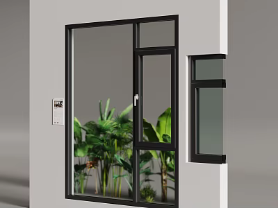 Casement Window With Black Frame Large Glass Panels And Green Plants View 3d model