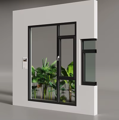 Casement Window With Black Frame Large Glass Panels And Green Plants View 3d model