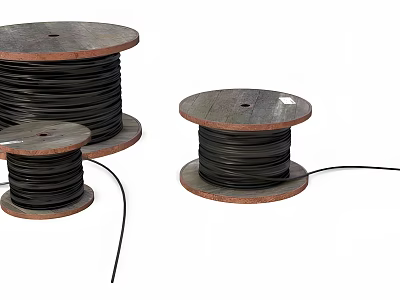 Black Cable Reels With Wooden Spools And Extended Wires In Various Sizes 3d model