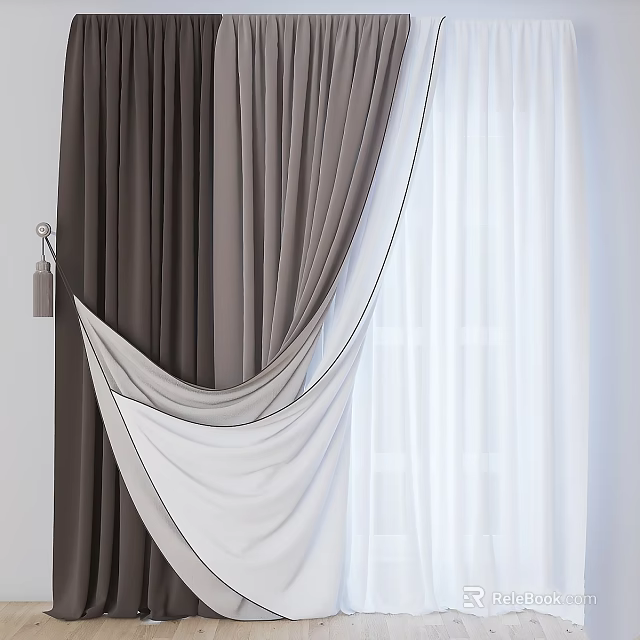 Brown And White Window Curtains With Double Layer Soft Fabric Elegant Drapery 3d model 