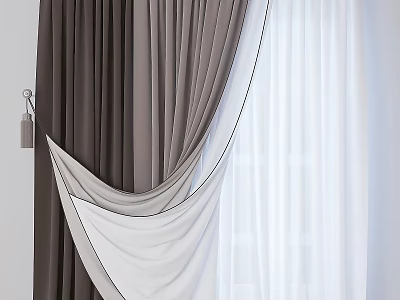 Brown And White Window Curtains With Double Layer Soft Fabric Elegant Drapery 3d model