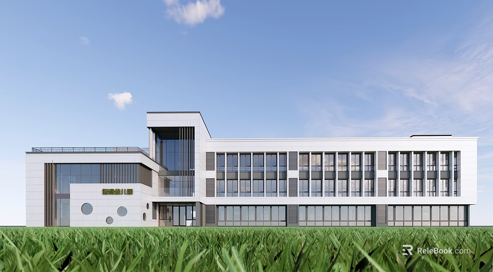 Modern School Building Exterior Design With White Walls Large Glass Windows And Green Lawn 3d model 