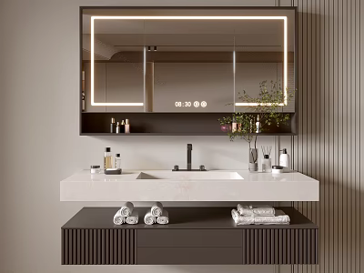 Modern Bathroom Vanity With Backlit Mirror Double Sink Marble Countertop Storage Cabinets and Towels 3d model