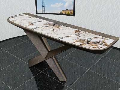 Stylish Dining Table With White Marble Patterned Top And Crossed Wooden Legs In Room 3d model