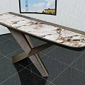 Stylish Dining Table With White Marble Patterned Top And Crossed Wooden Legs In Room
