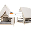 Indoor Wooden Frame Tent Bed With Canvas Canopy And Gray Mattress Pillow
