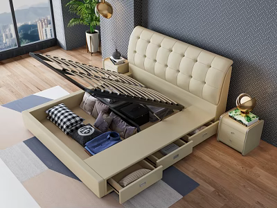 Beige Tufted Headboard Double Bed With Storage Drawers In Modern Bedroom 3d model