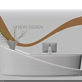 Modern White Reception Desk With Orange Wave Decor Plant And Computer Monitor