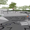 Modern Skate Park Design With Trees Steps Ramps And Letter Patterns On Ground
