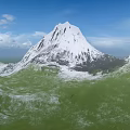 Beautiful Garden Landscape Featuring Snow Capped Mountain Green Grassland And Blue Sky