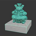 Traditional Green Bronze Ritual Vessel With Animal Heads On White Marble Base