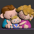Family Dolls With Brown And Blonde Hair Sitting On Purple Base In Blue Pink Outfits