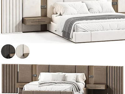 Modern Double Bed With Upholstered Headboard Wooden Nightstands And Soft White Bedding 3d model