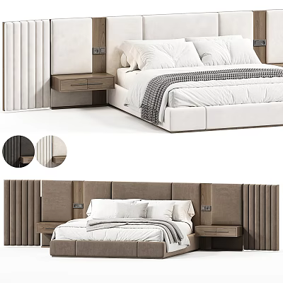 Modern Double Bed With Upholstered Headboard Wooden Nightstands And Soft White Bedding 3d model
