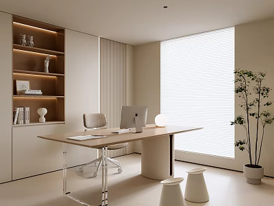 Modern Study Room Interior With Desk Chair Bookshelf And Window Plant 3d model