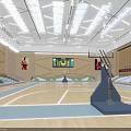 Basketball Gym Interior With Wooden Floor Basketball Hoop Green Seats Scoreboard And Ceiling Lighting