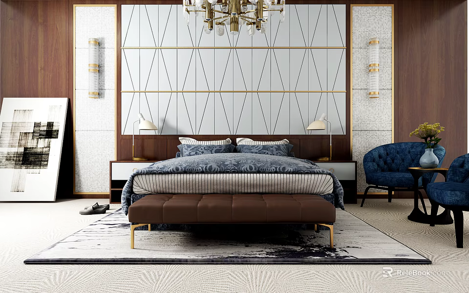 Modern Bedroom Interior With Double Bed Geometric Pattern Wall Nightstands Table Lamps And Bench 3d model 