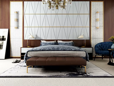 Modern Bedroom Interior With Double Bed Geometric Pattern Wall Nightstands Table Lamps And Bench 3d model