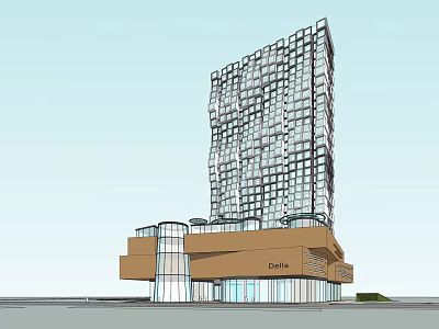 Modern High Rise Office Building With Glass Facade And Ground Floor Café 3d model