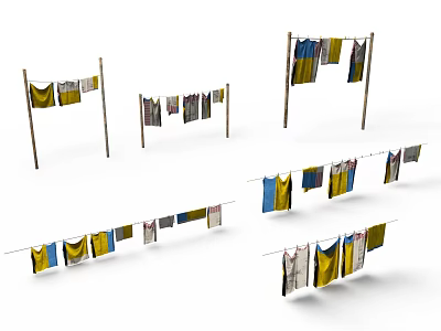 Multiple Colorful Clotheslines With Hanging Yellow Blue And White Fabric 3d model