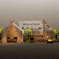 Garden Landscape Featuring Tents String Lights Wooden Fence Plants And Fire Pit