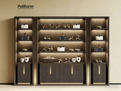 Elegant Modern Curio Cabinet With Wooden Frame And Decorative Ornaments On Shelves 3d model