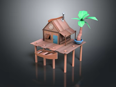 Wooden Cabin on Stilts with Brown Roof Blue Door Green Palm Tree and Boat 3d model