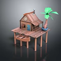 Wooden Cabin on Stilts with Brown Roof Blue Door Green Palm Tree and Boat